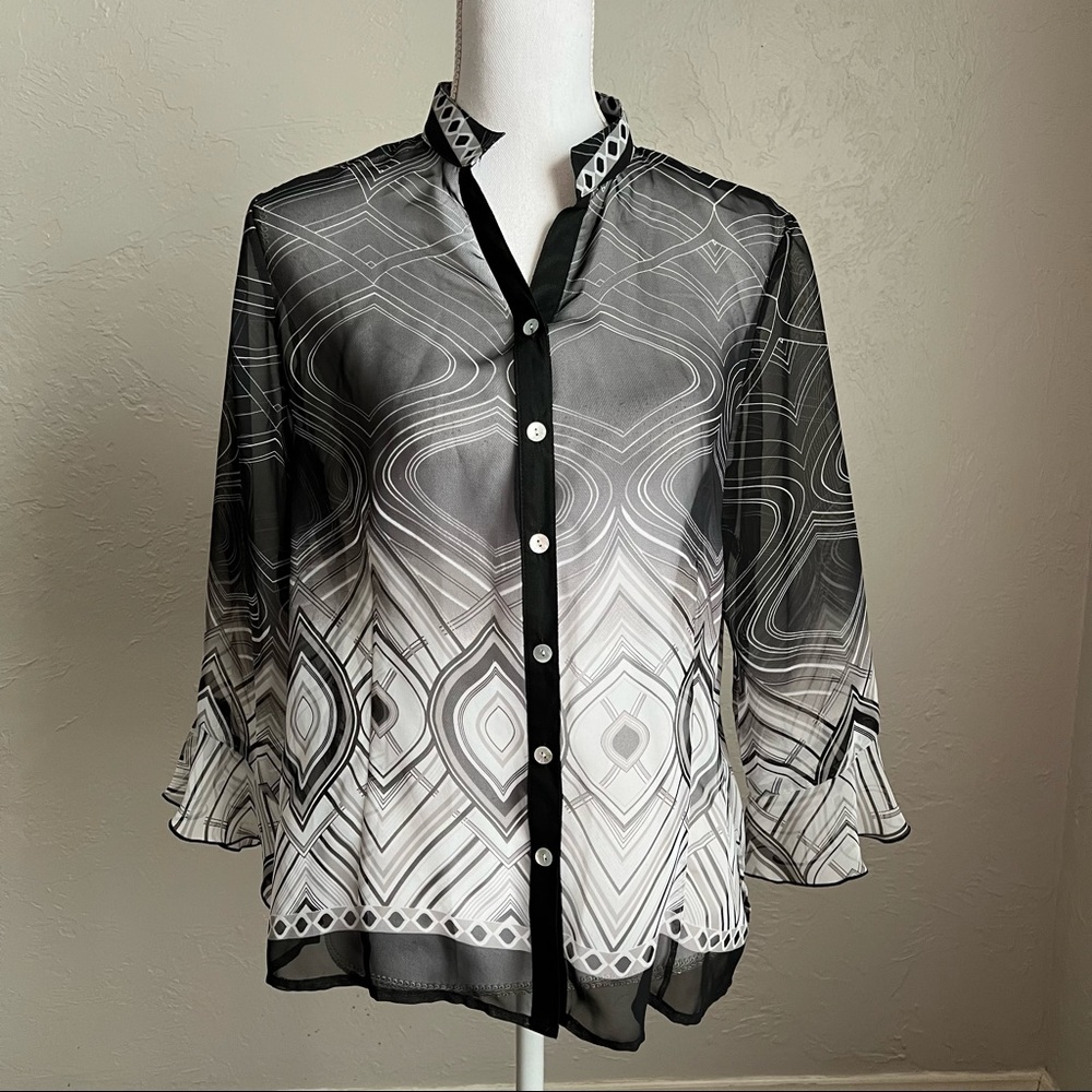 Investments 🔵 Sheer Blouse with Ruffled Flared Sleeves M Black and White